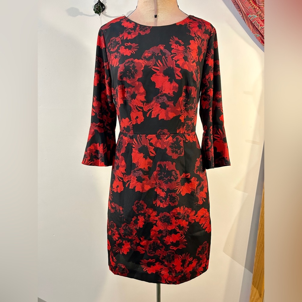 Cynthia Steffe Floral Ruffle Sleeve Sheath Dress Red Black Size 2 - Picture 2 of 14